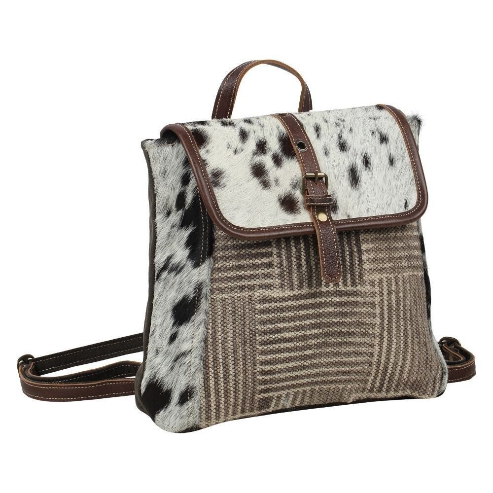 Myra Bag Handmade Crossroads Backpack Upcycled Canvas & Cowhide Leather - Picture 3 of 8